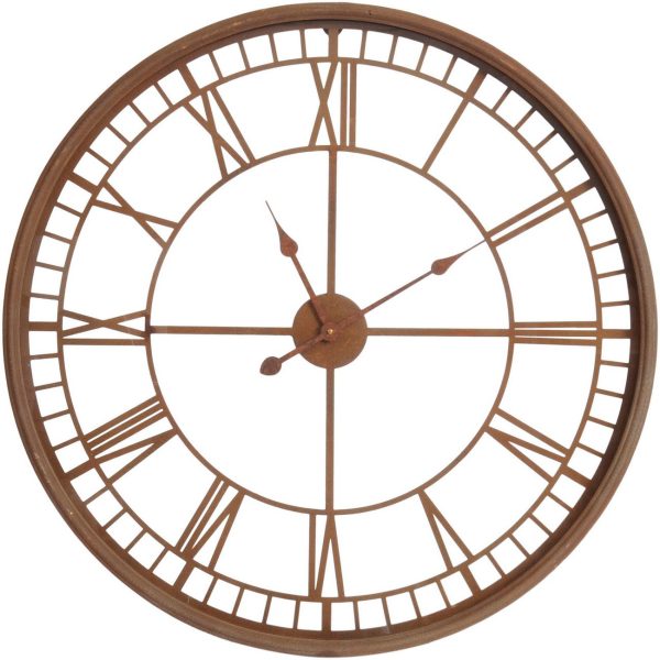 A large wall clock with brass toned frame and roman numerals.